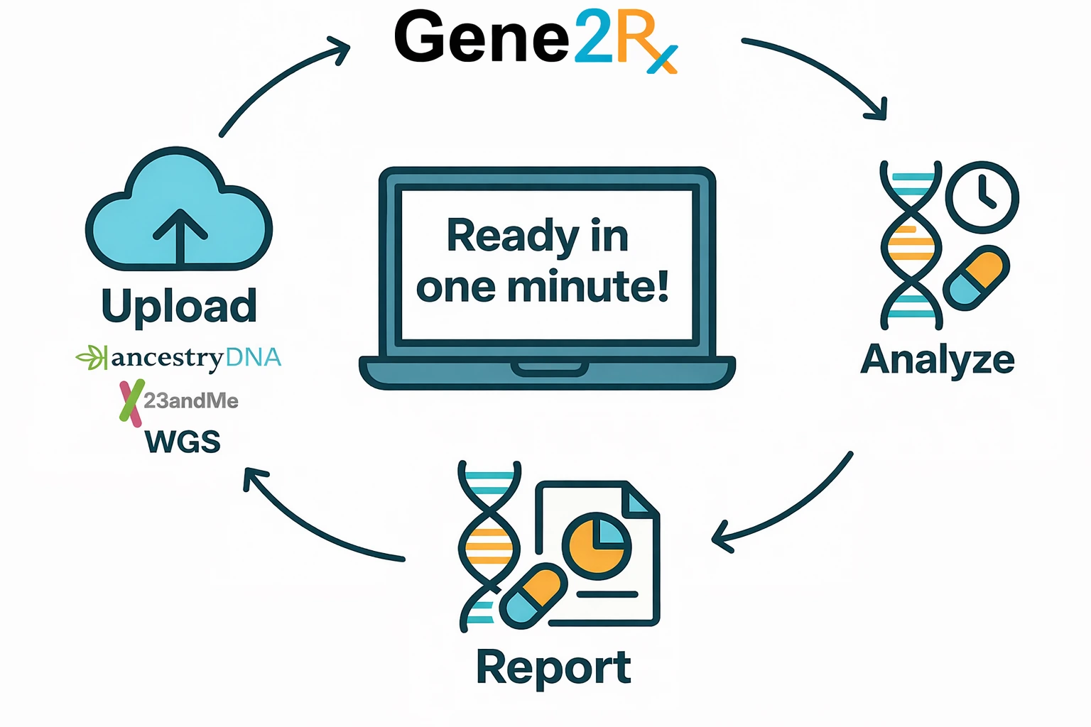 Gene2Rx pharmacogenetics testing process: Upload genetic data from 23andMe, AncestryDNA, MyHeritage, or TellMeGen to get personalized drug response report based on your DNA